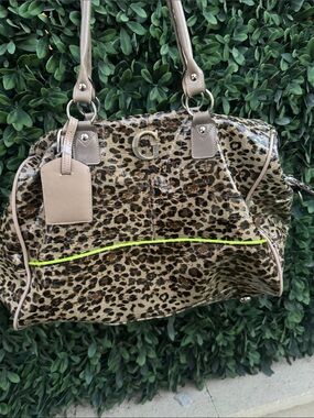 Guess Vintage Leopard Print Patent Duffle with Taupe Trim and Neon Accent